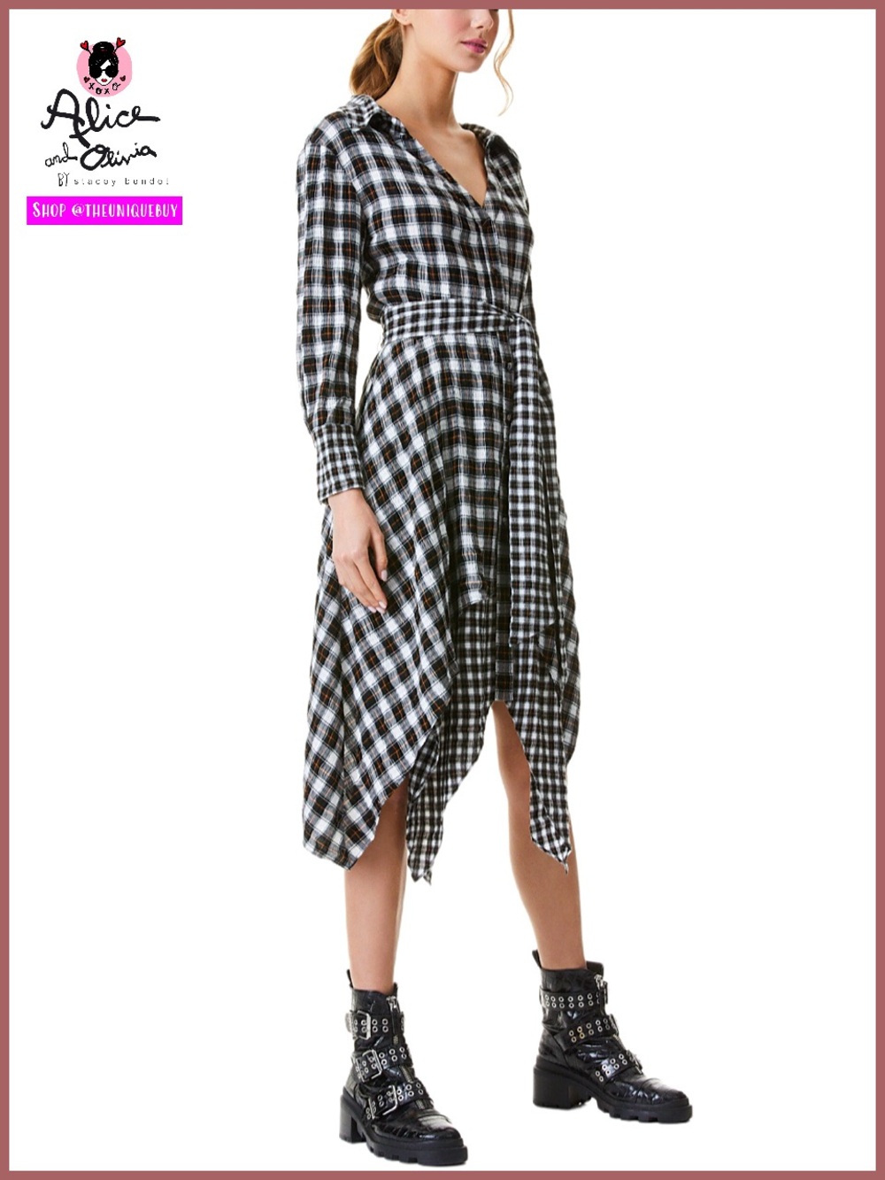 Alice + Olivia Cellie Black White Plaid Handkerchief Midi Dress